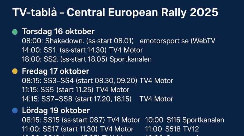 Grafisk TV-tablå för Central European Rally 2025 med sändningstider för varje dag på TV4 Motor, Sportkanalen, TV12 och SVT2.