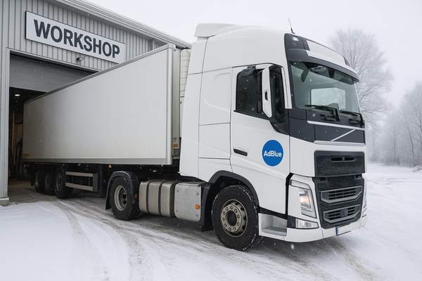 Lastbil i kallt väder vid verkstad – kontroll av AdBlue-system och frostskydd