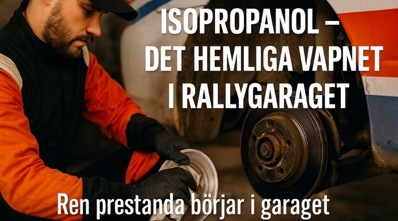 Rallymekaniker rengör bromsar med isopropanol före nästa tävlingssträcka.