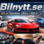 Bilnytt.se med sportbil, elbil och SUV i stadsmiljö samt texten ”Allt om Sportbilar, Elbilar & SUV:ar