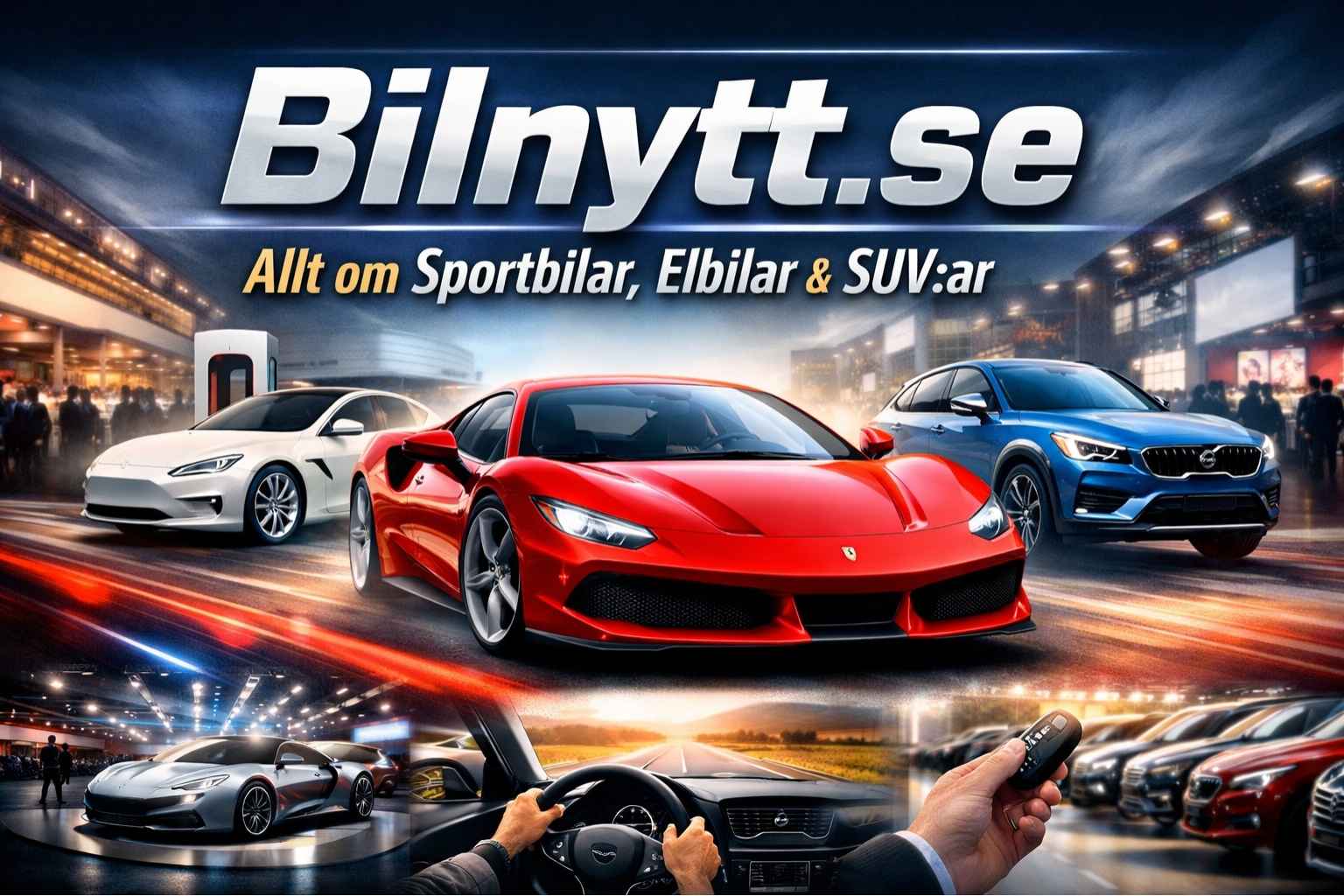 Bilnytt.se med sportbil, elbil och SUV i stadsmiljö samt texten ”Allt om Sportbilar, Elbilar & SUV:ar